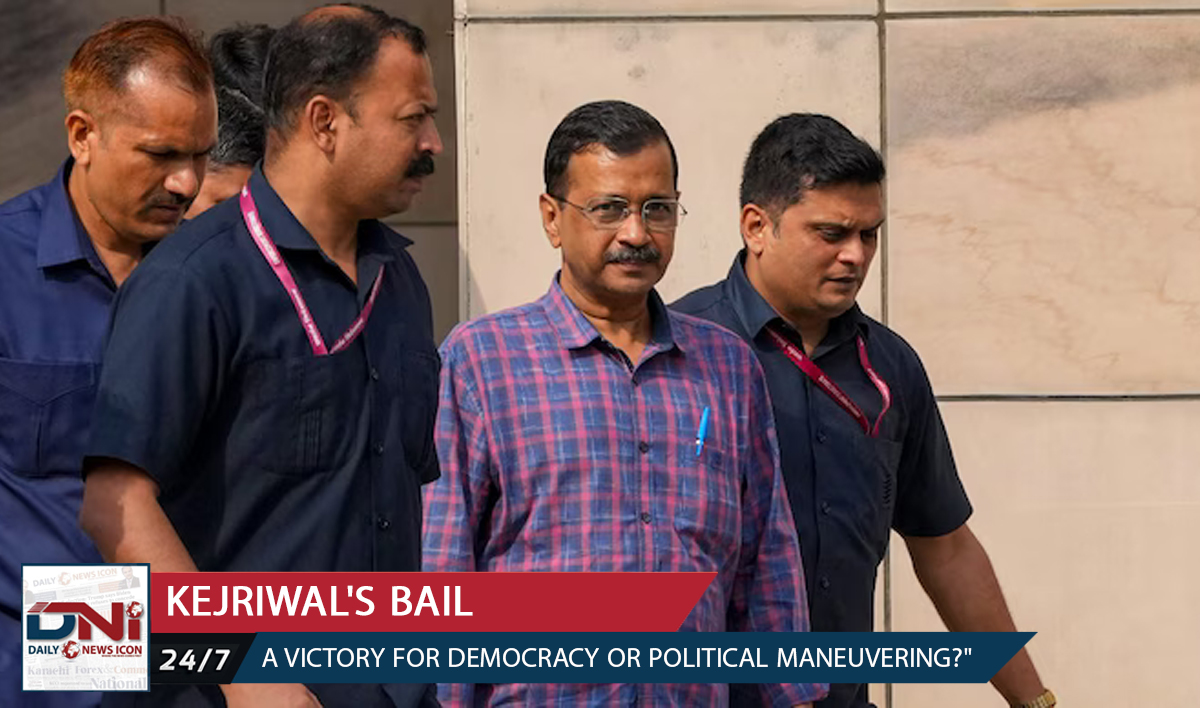 "Arvind Kejriwal accompanied by security guards following his bail hearing."