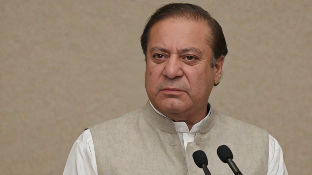 "Former Prime Minister Nawaz Sharif addressing a crowd at a political rally."