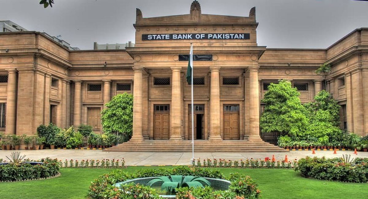 The exterior of the State Bank of Pakistan building with its official logo prominently displayed.