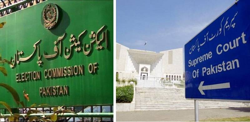 Exterior view of the Supreme Court building with the Election Commission of Pakistan (ECP) logo and board in the foreground.